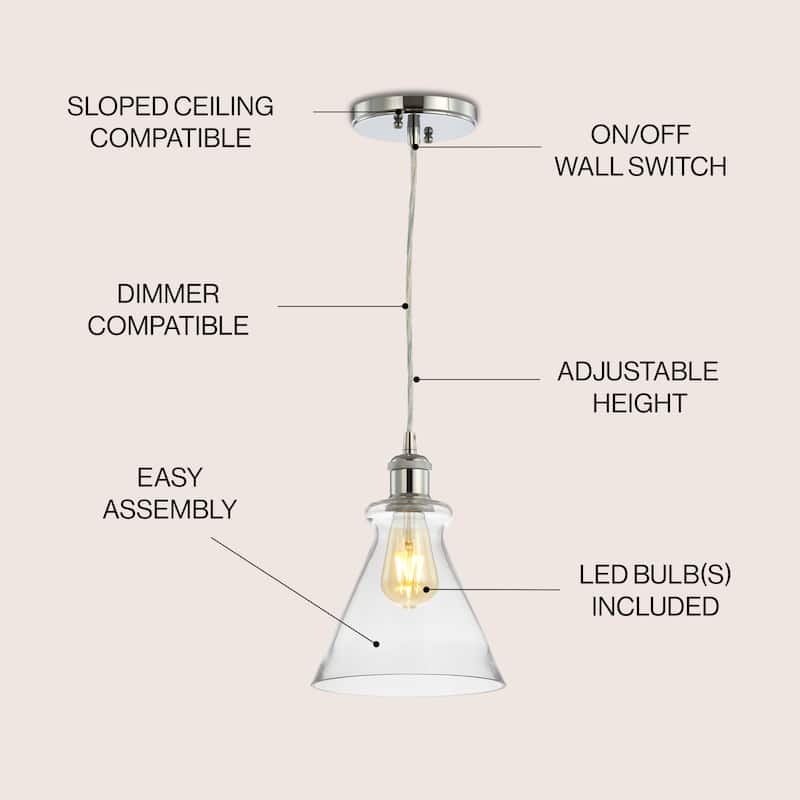 Wyatt 7.5" Adjustable Drop Metal/Glass LED Pendant, Brass Gold by JONATHAN Y