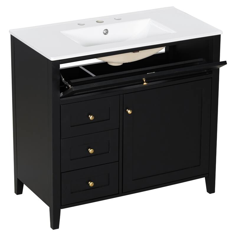 Roomfitters 36" Bathroom Vanity with Sink, Solid Wood Legs, 4 Drawers & Cabinet with Adjustable Shelf