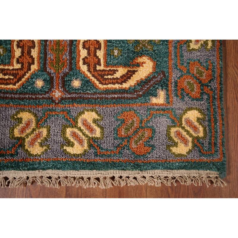 Green Geometric Kazak Indian Runner Rug Hand-Knotted Wool Carpet - 2'5"x 9'9"