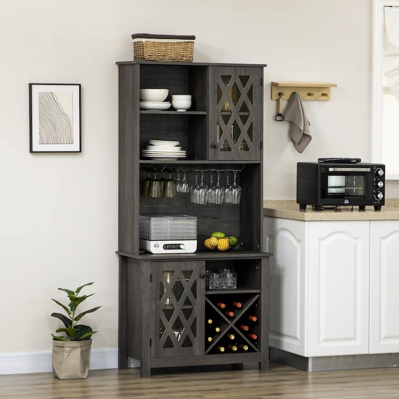 HOMCOM 72" Kitchen Pantry, Buffet with Hutch, Cupboard for Microwave, 2 Door Cabinets, Wine Glasses Rack and 12-Bottle Wine Rack - Dark Grey