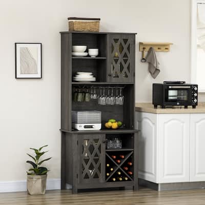 HOMCOM 72" Kitchen Pantry, Buffet with Hutch, Cupboard for Microwave, 2 Door Cabinets, Wine Glasses Rack and 12-Bottle Wine Rack