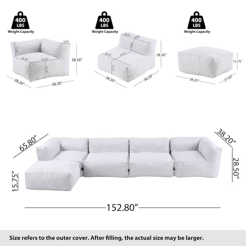 Christopher Knight Home - Nerissa 5-Piece Modular Outdoor/Indoor Bean Bag Sectional Sofa Set with Shredded Foam Filled & Ottoman