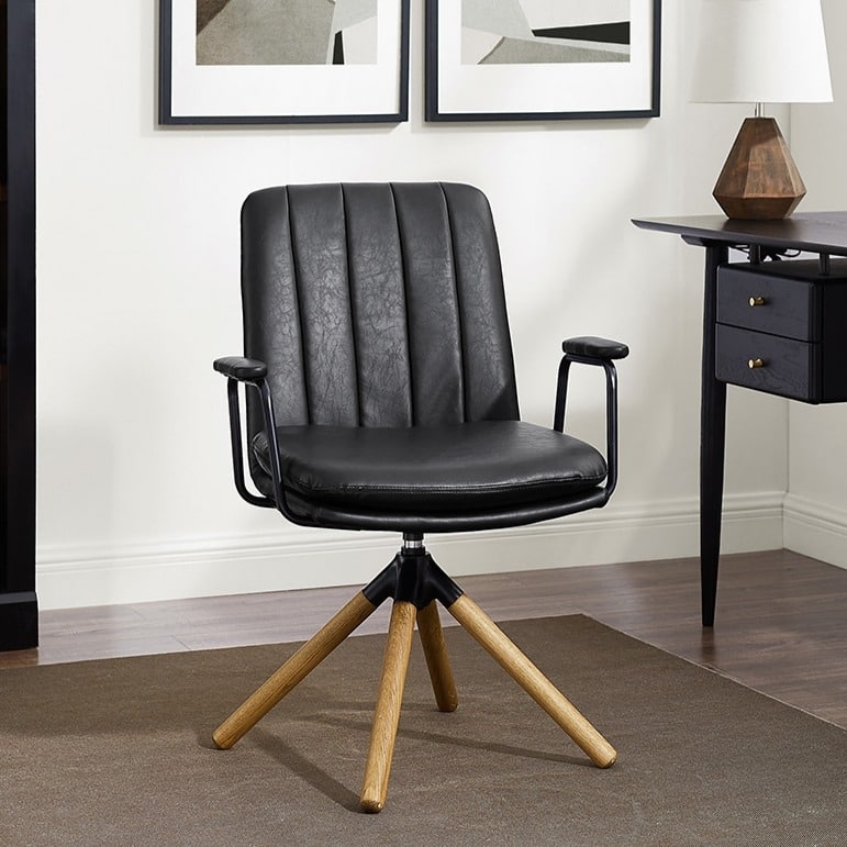 Art Leon Faux Leather Swivel Accent Arm Chair - Black -Wood Legs