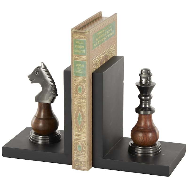 Aluminum Metal Chess Decorative Bookends with Aluminum Accents - Set of 2 Black - Roche River Decor - Black - 4"W, 6"H