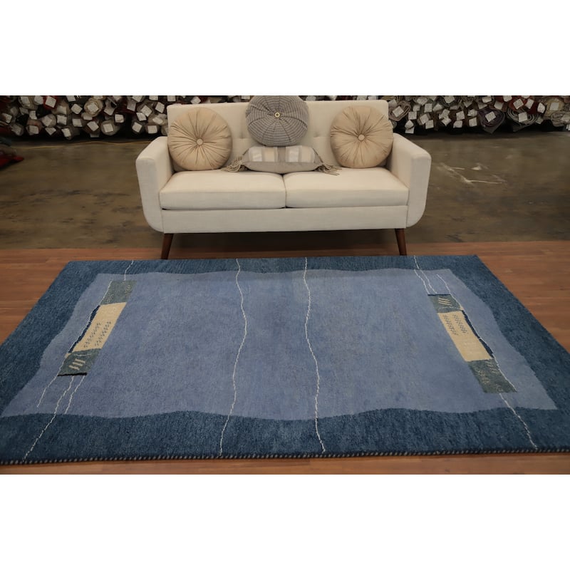 Hand Knotted Oriental 100% Wool Carpet Modern Bordered Navy Blue & Blues Gabbeh Area Rug - 7' 10'' X 5' 8''
