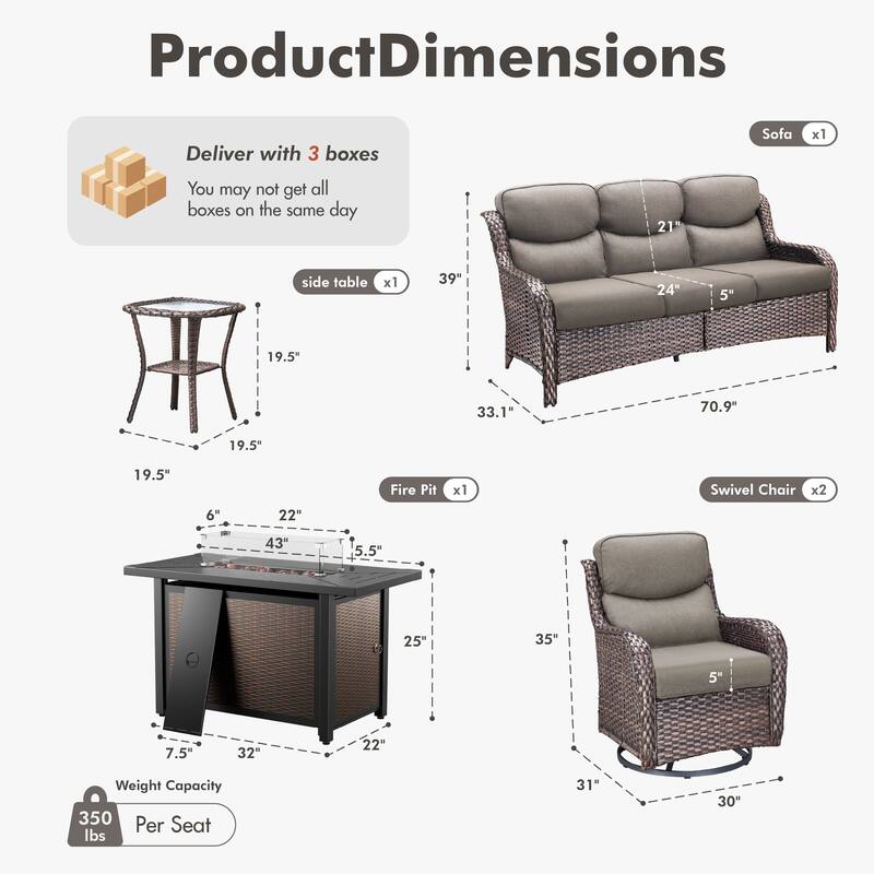 Meyreso 5-Piece Outdoor Patio Metal Fire Pit Wicker Conversation Set with 5-Inch Thick Olefin Cushions