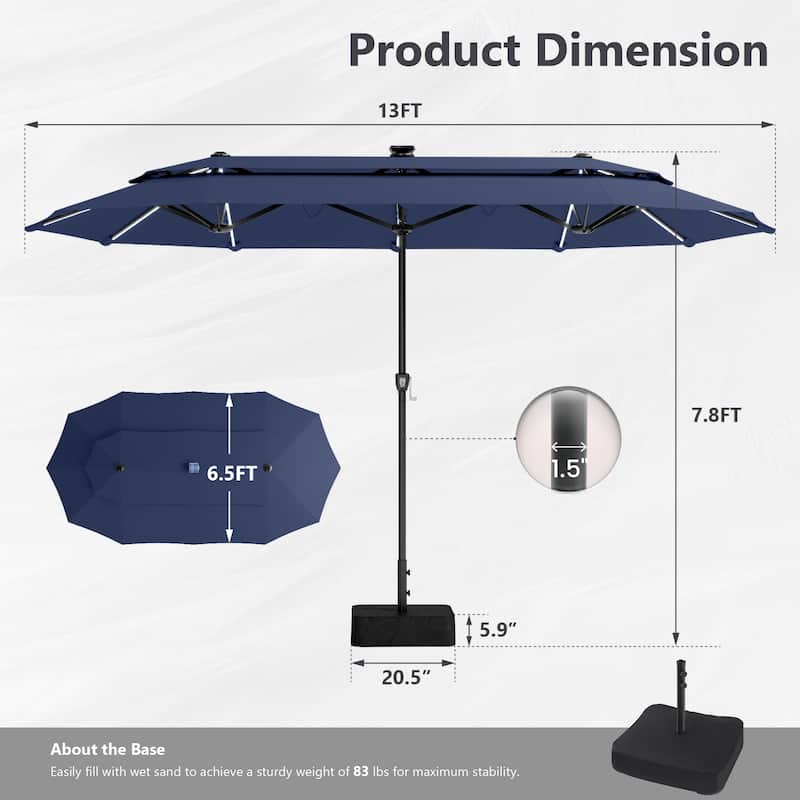 MAISON ARTS 13ft Double-Sided Outdoor Umbrella, 2-Tier Vented Market Umbrella with Colored Lights and Base