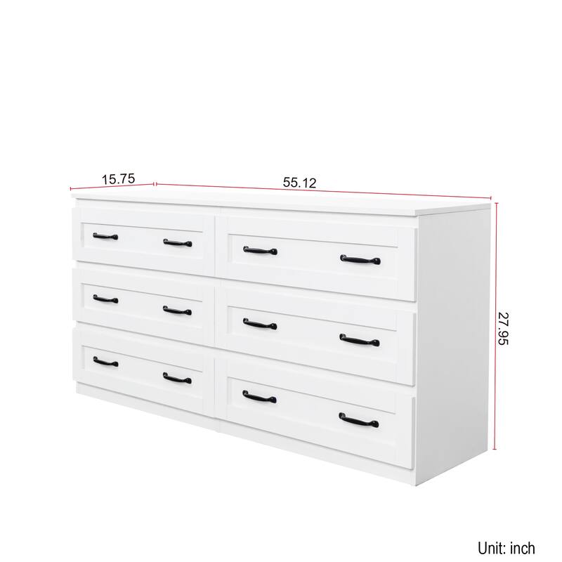 Modern white side cabinet with 6 drawers , Wood Chest of Drawers with Metal Handle, Storage Organizer ，Bedroom or Hallway