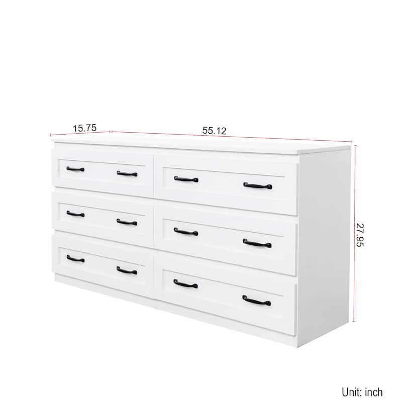 White Modern 6-Drawer Dresser – Wooden Storage Cabinet with Metal Handles, Versatile Organizer for Bedroom, Living Room.