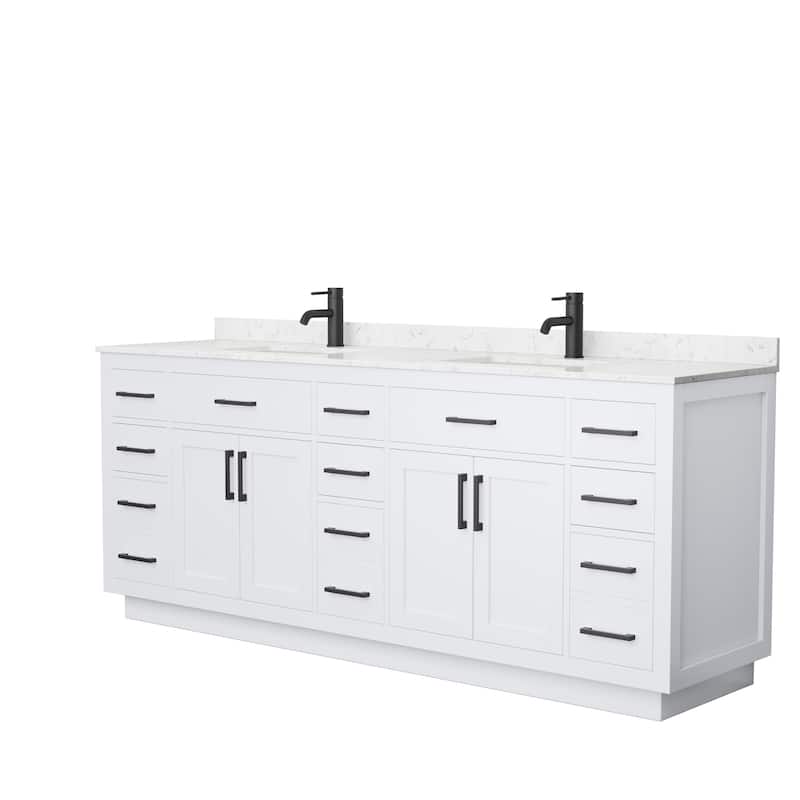 Beckett TK 84-inch Double Vanity, Cultured Marble Top - White, Black Trim, Carrara Cultured Marble Top