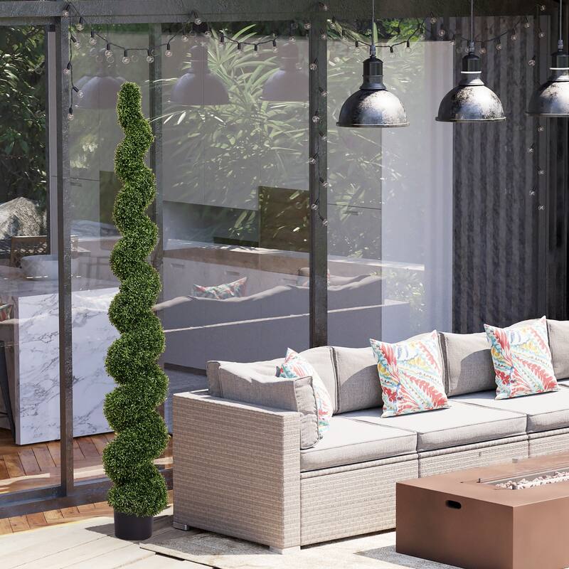 7FT Spiral Topiary Trees Artificial Outdoor Faux Boxwood Plants Large Twisted Green Potted Trees, 1pc/set