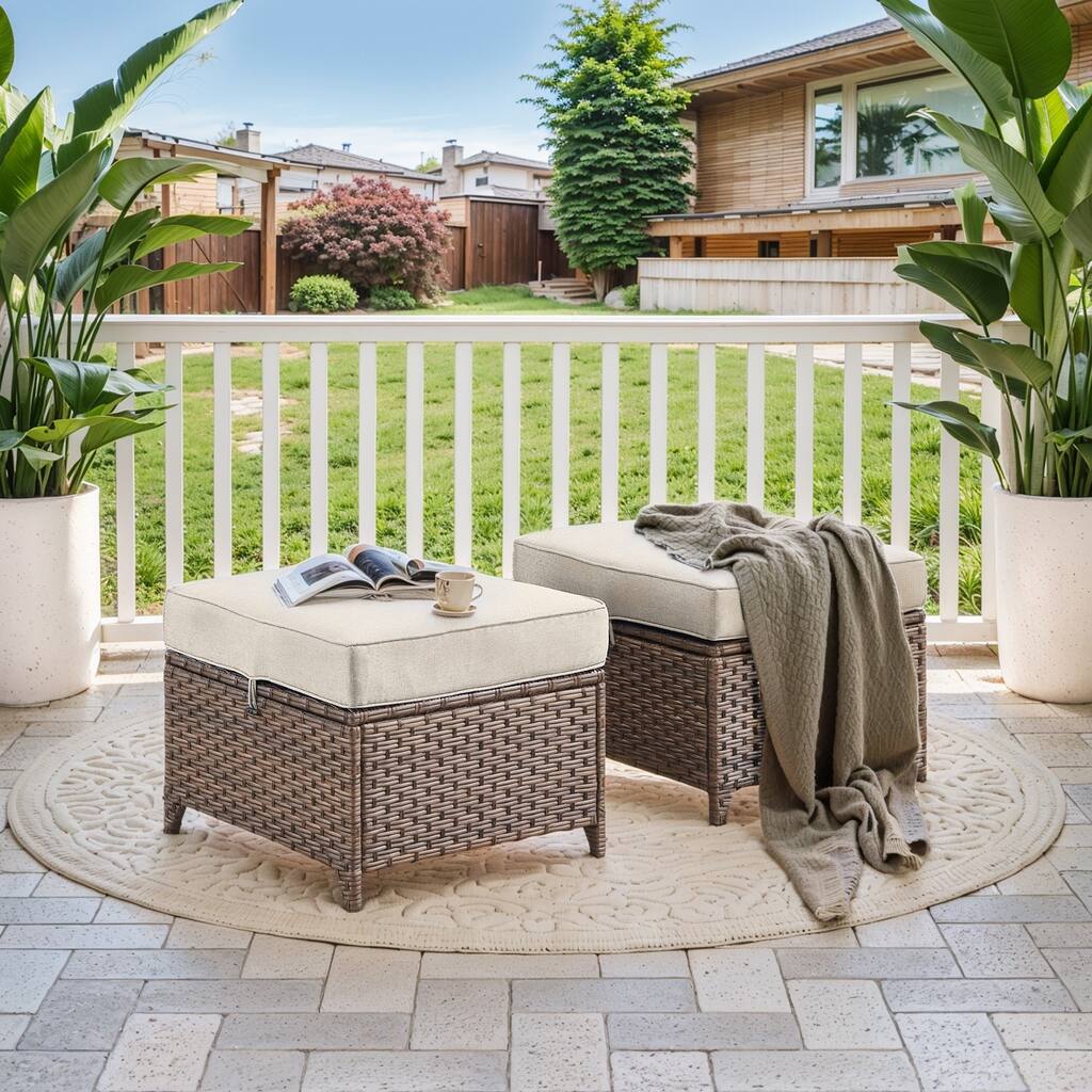 Patio Rattan Footstool with Cushions - Brown