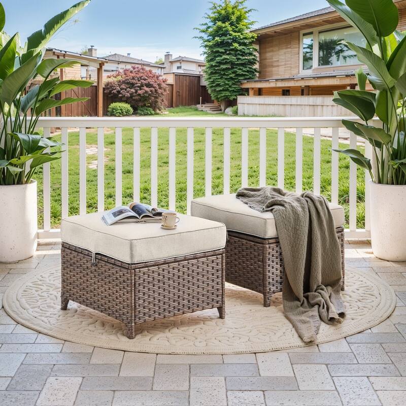 Wicker Ottomans, Outdoor Wicker Footstool Set of 2 - Beige - Brown