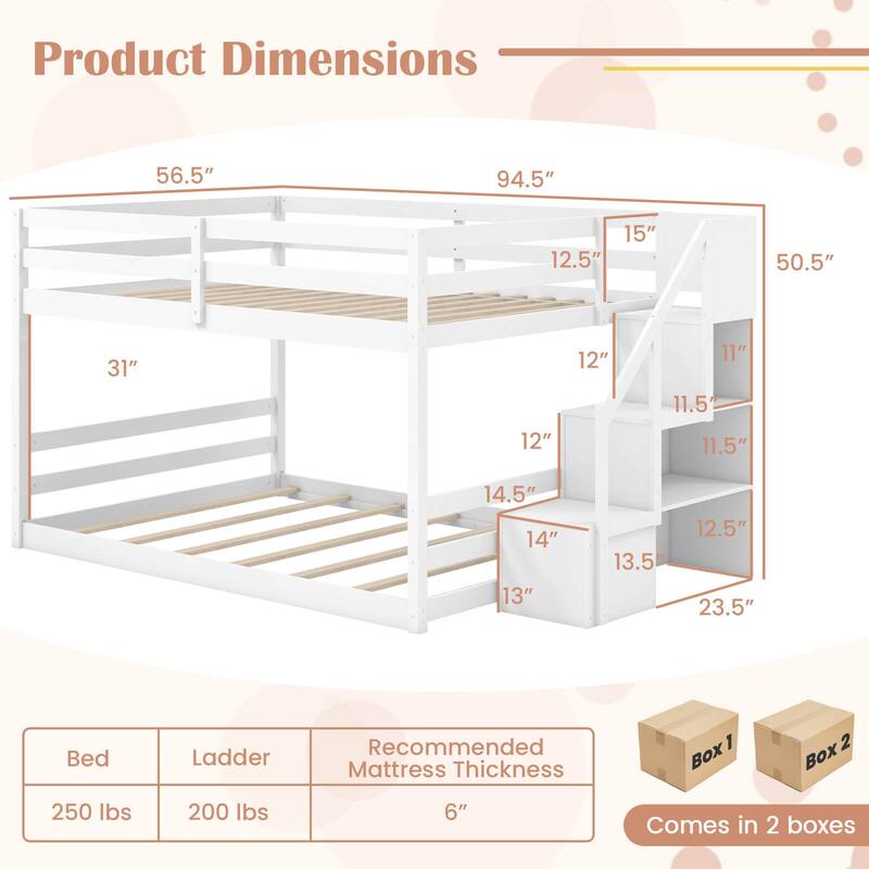 Costway Full Over Full Low Bunk Bed with Storage Stairs with