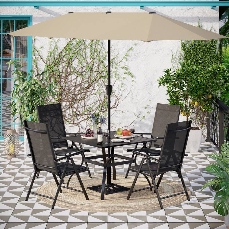 6-piece Patio Dining Set, 1 Square Metal table, 4 Adjustable Folding Chairs and 13ft Umbrella - Beige