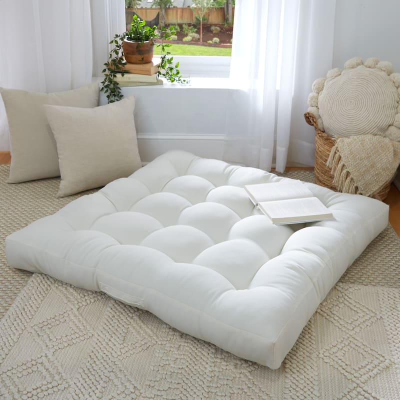 Sorra Home Large Solid Square Tufted Floor Pillow with Handle - 40 in x 40 in x 5 - Ivory