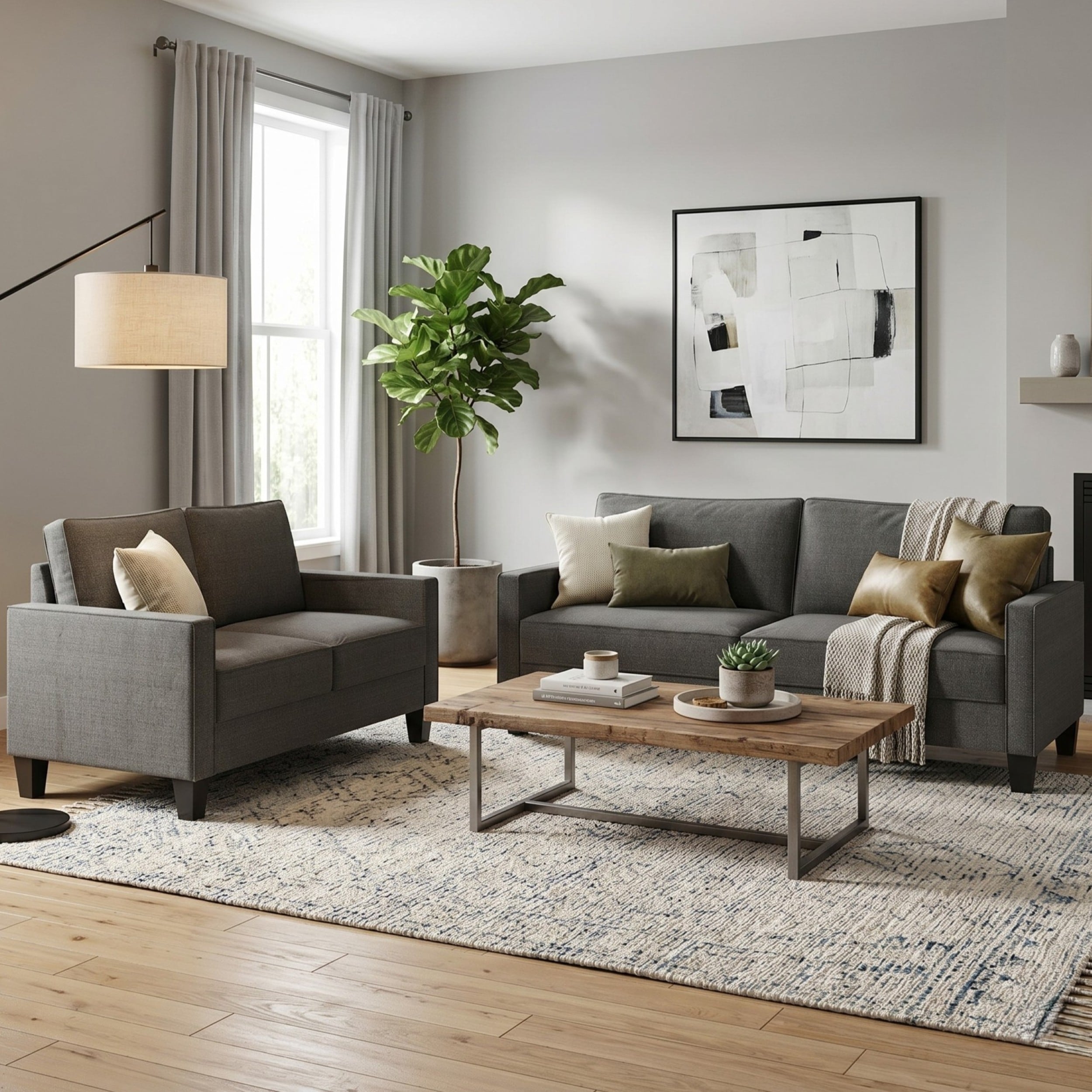 Clayfell Marcia 2-Piece Square Arm Living Room Set with Loveseat and Sofa, Modern Upholstery and Black Legs