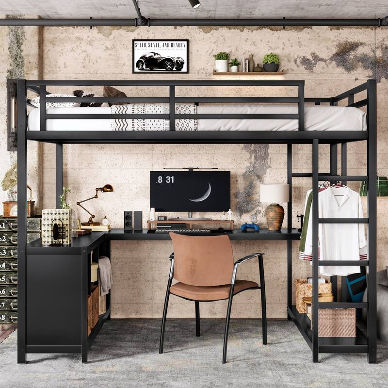 Twin/Twin XL Metal Loft Bed with Wardrobe & L-Shaped Desk - Loft Bed with Storage Cubes & Shelves for Teens, Adults