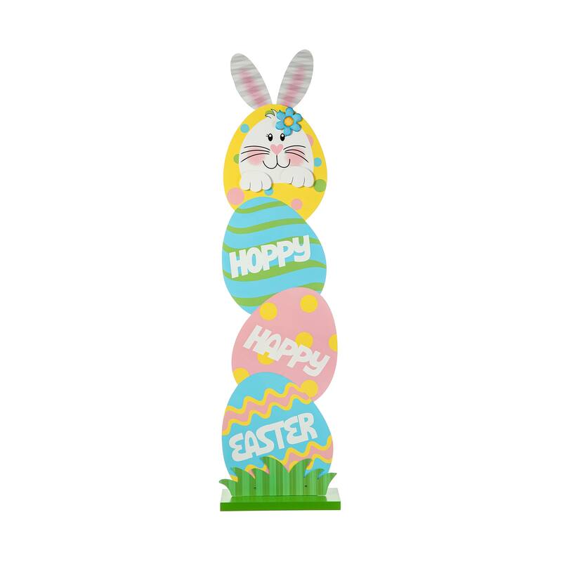 Glitzhome Wooden Happy Easter Bunny Eggs Porch Sign Standing Decor Spring Gift