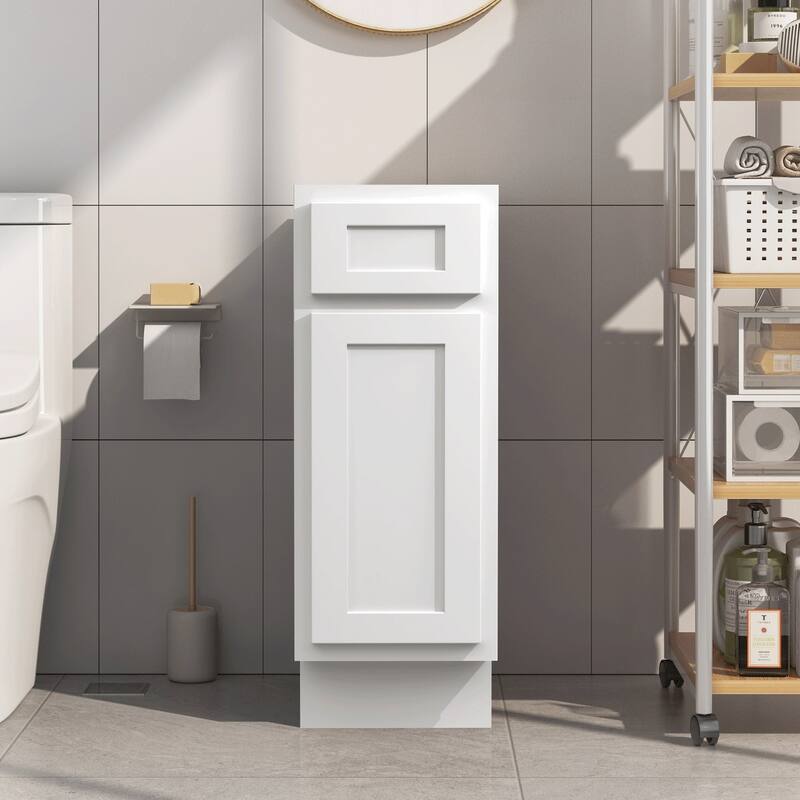 Vanity Art 12 Inch Bathroom Vanity Base Cabinet Single Right Offset Solid Wood Small Bathroom Storage Floor Cabinet - White