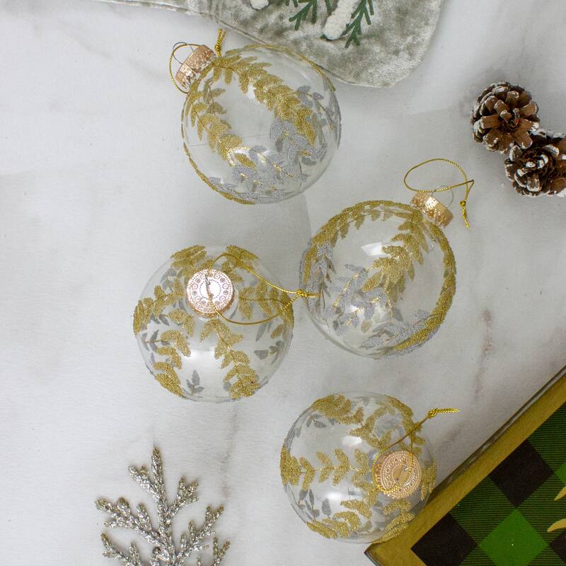 4ct Clear and Gold Glitter Leaves Glass Christmas Ball Ornament 3.25" (80mm)