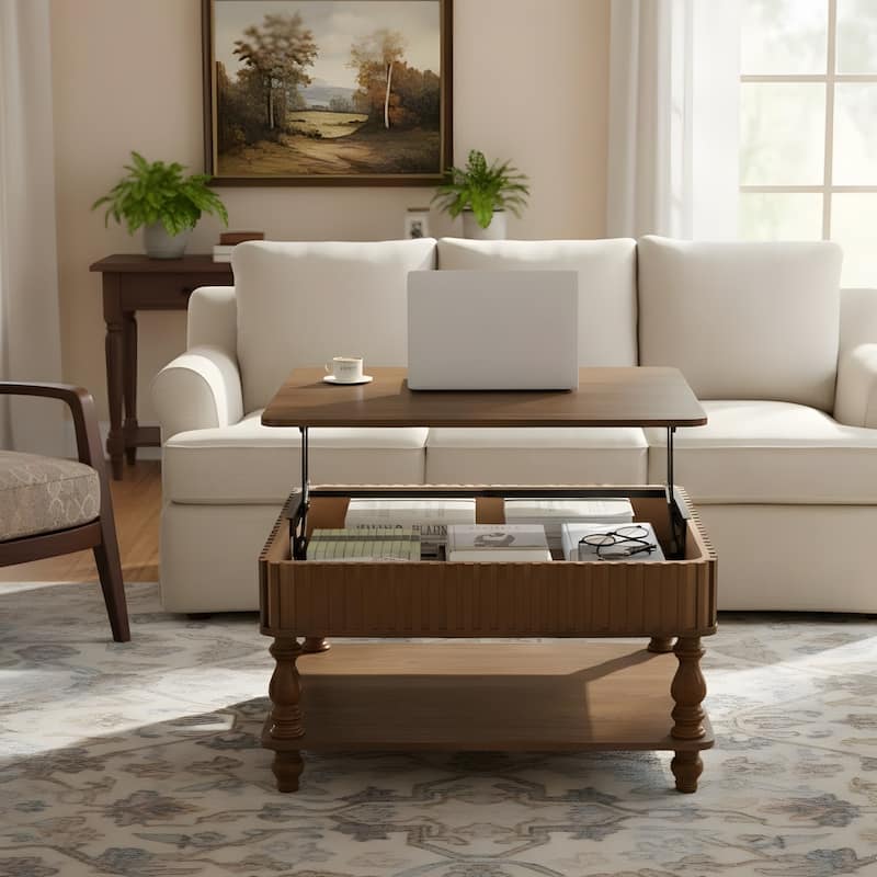 Rustic Style Lift-Top Coffee Table with Hidden & Open Storage - 31.5 - Walnut Brown