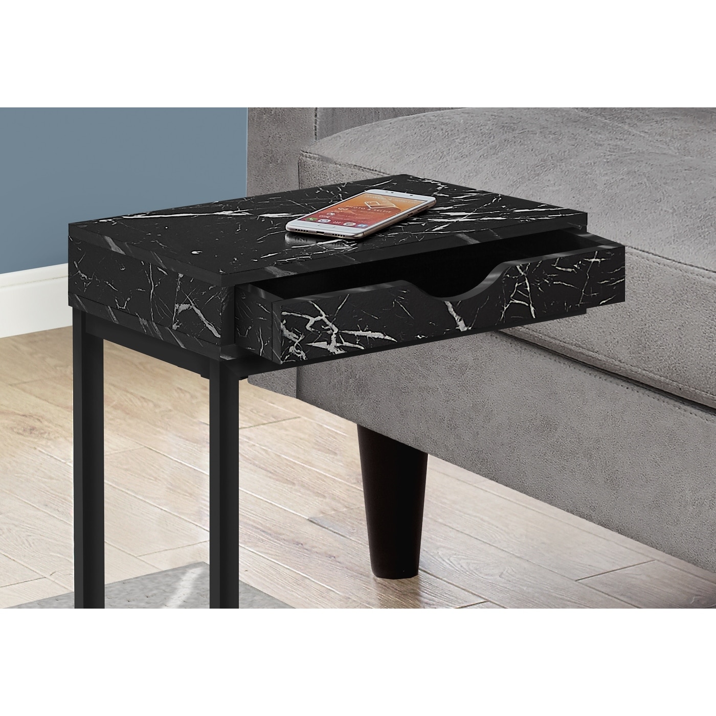 Modern C Shaped Accent Table with Storage Drawer and Snack Table Function