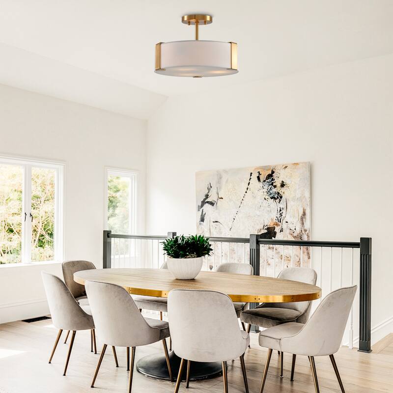 14 in. Modern Gold Drum Semi-Flush Mount Ceiling Light with Fabric Shade - 14" D x 14" W x 9.13" H