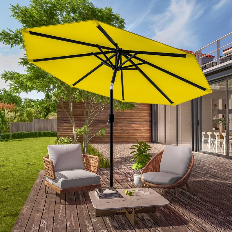 LIVOOSUN 9Ft Large Round Outdoor Patio Market Umbrella with Crank and 8 Ribs, Gray - Yellow