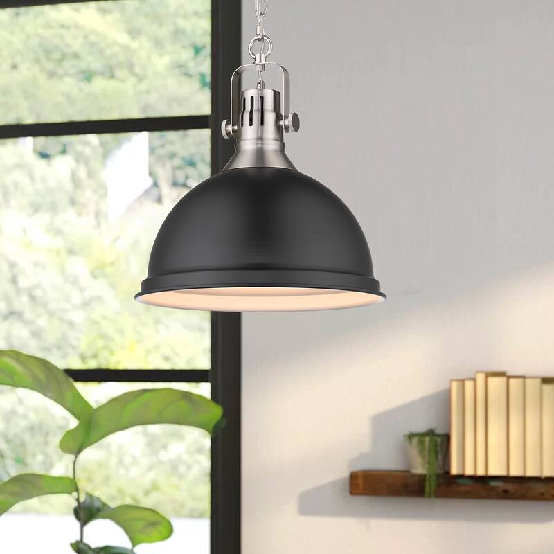 1-Light Farmhouse Ceiling Pendant Light,Vintage Hanging Light with Dome Shade, Oil Rubbed Bronze Finish - 14 Inch - BrushedNickel&Black