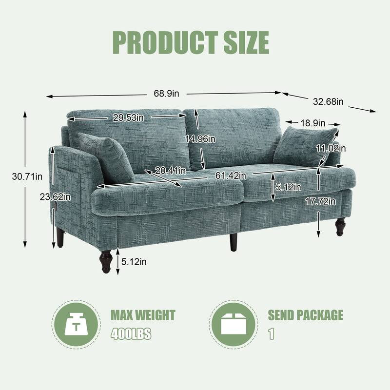 Modern Style Chenille 2-Seater Wood-Legged Sofa With Led Light,USB Charging Port And Storage Bag Living Room Bedroom Study Room