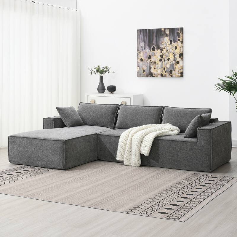 111.5" L-Shaped 4-Seater Modular Sofa with Chaise, 2 Pillows, Wrinkle-Resistant Chenille, and All-Sponge Construction - Gray