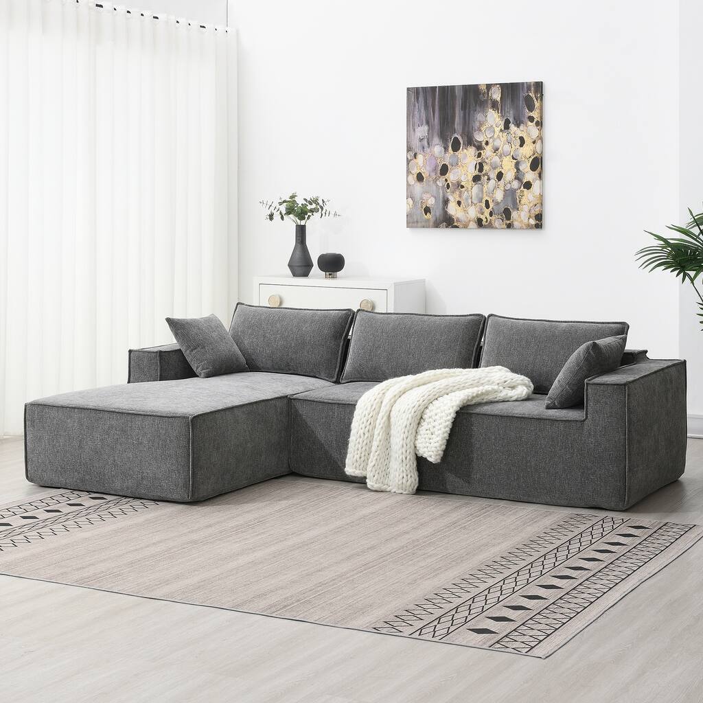 Grey 111.5" L-Shaped 4-Seat Modular Sofa with Chaise, 2 Pillows, Wrinkle-Resistant Chenille, and All-Sponge Construction