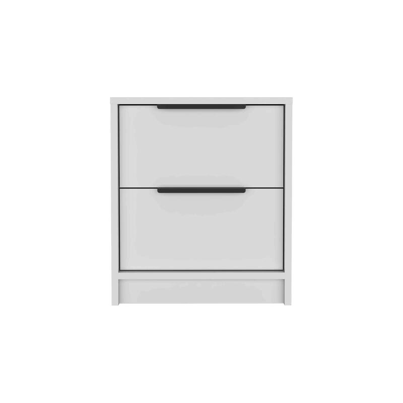 Compact Two-Drawer Nightstand with Metal Handles, White Finish, Space-Saving Design for Bedroom or Living Room