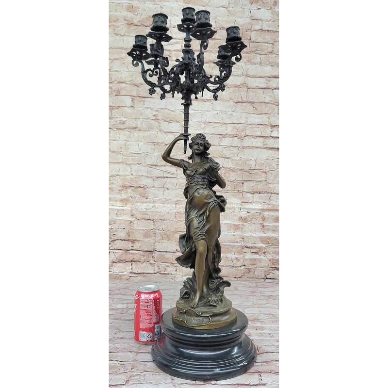 Hot Cast Bronze Figurative French Candelabra Candleholder Female Figure By Moreau