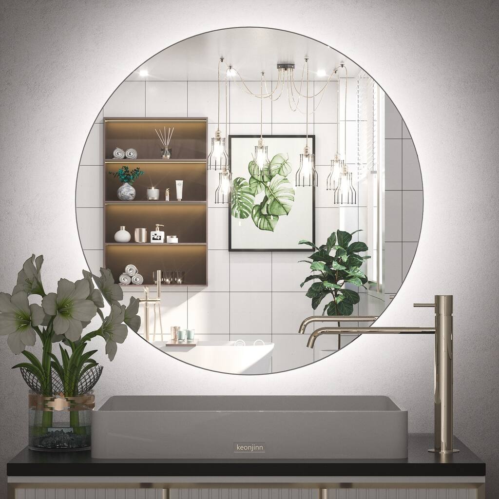 Keonjinn LED Backlit Round Bathroom Vanity Mirror, Wall Mounted Dimmable Anti-fog