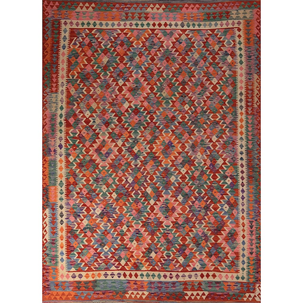 Reversible Kilim Area Rug Hand-Woven Geometric Orange Wool Carpet - 8'6" x 11'1"