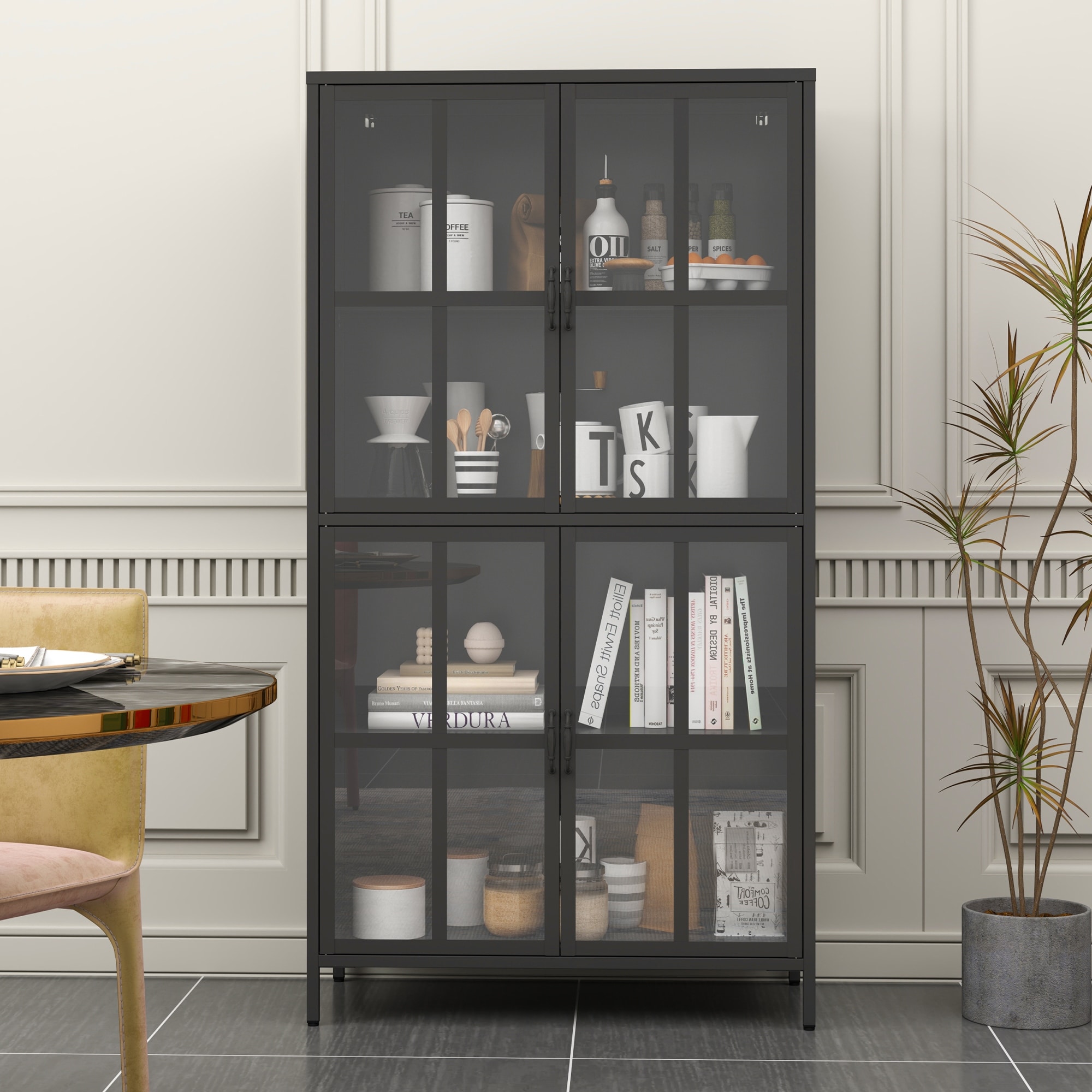 Premium Black Metal Storage Cabinet with Tempered Glass Doors, Adjustable Shelves, Anti-Tipping Device