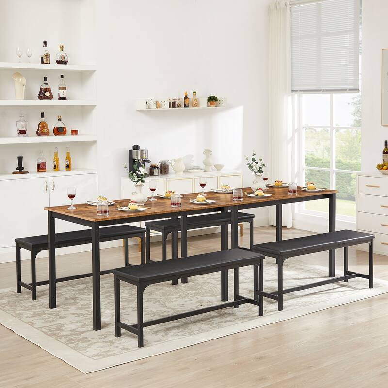 VECELO 3-Piece Dining Table Set with 2 Benches, 63" Extendable Kitchen Table & Chairs Set for 4-8, Dining Room Table