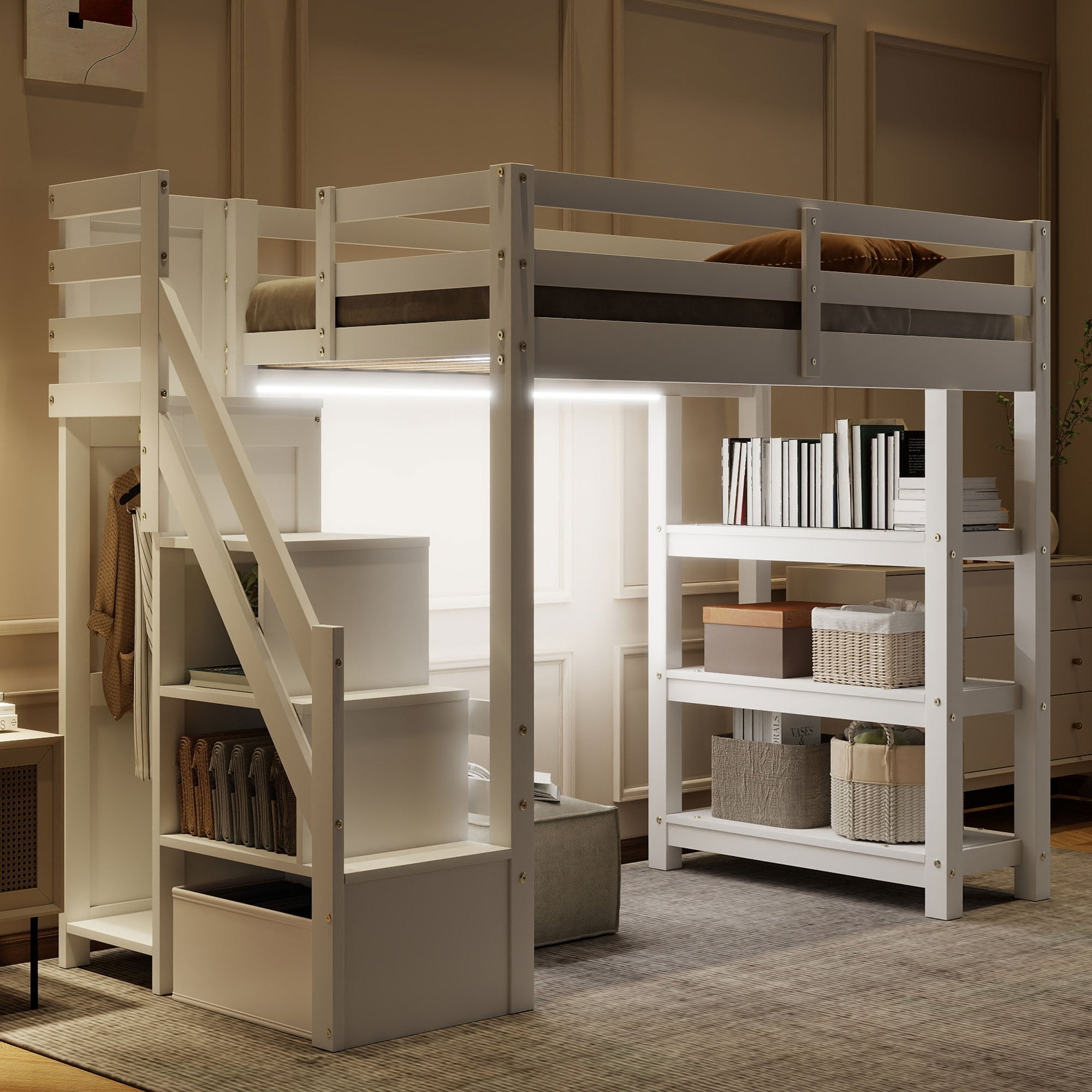 Full/Twin Size Loft Bed with Shelves & Storage Staircase - Small Wardrobe & White LED Light