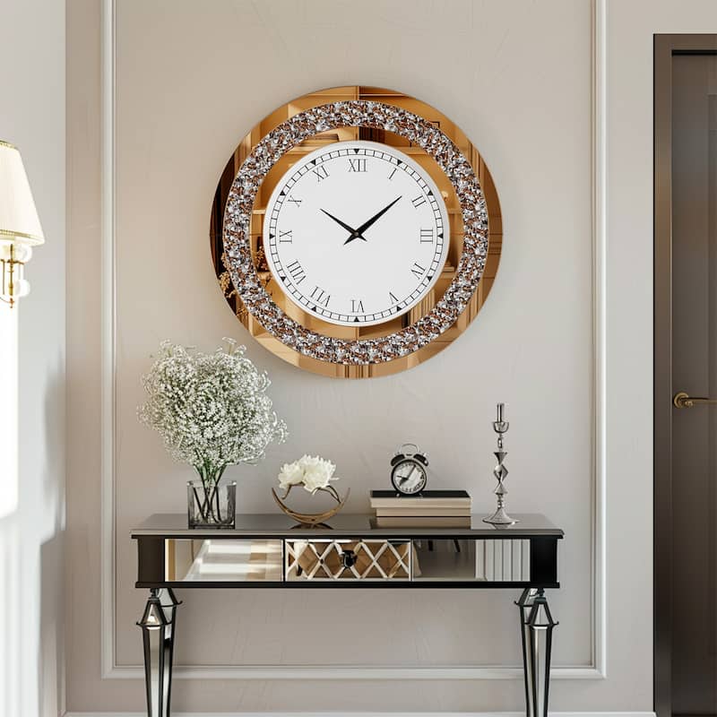 Glam Crush Diamond Inlay Round Wall Clock Decorative Mirror Clock - Brown