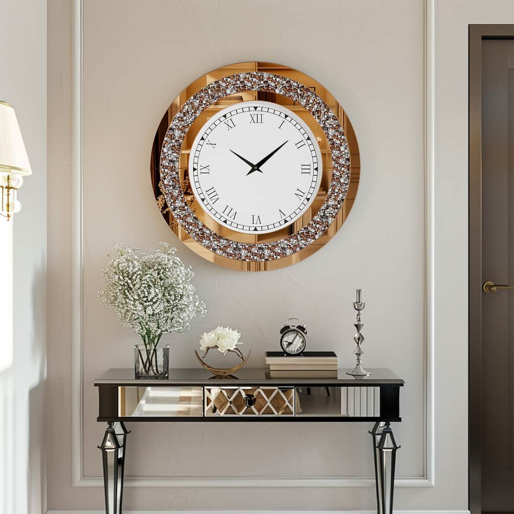 Glam Crush Diamond Inlay Round Wall Clock Decorative Mirror Clock