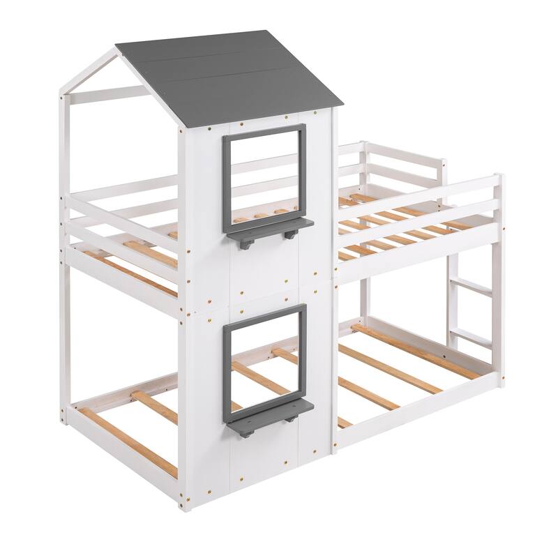 House Bunk Bed for Kids, Twin Over Twin Bunk Bed Frame, Wooden Floor Bunk Bed with Roof, Window, Guardrail, Ladder