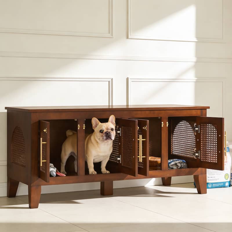 Christopher Knight Home - 47"W Rubber Wood Dog Crate Cabinet with Rattan Doors & Storage