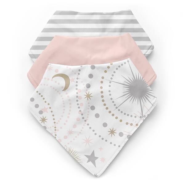 slide 2 of 6, Star and Moon Collection Fabric Bandana Baby Bibs (3 Pack Set) - Blush Pink Gold and Grey Celestial Sky Stars Shabby Chic