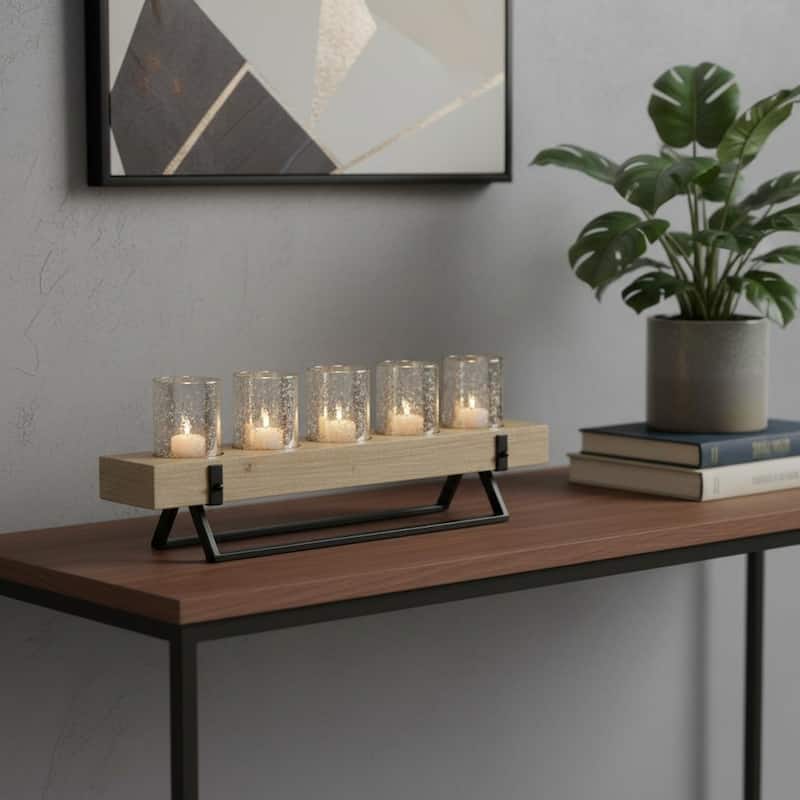 7" Black And Brown Distressed Mirrored Solid Wood Metal And Glass Tabletop Votive Candle Holder - Black/Brown