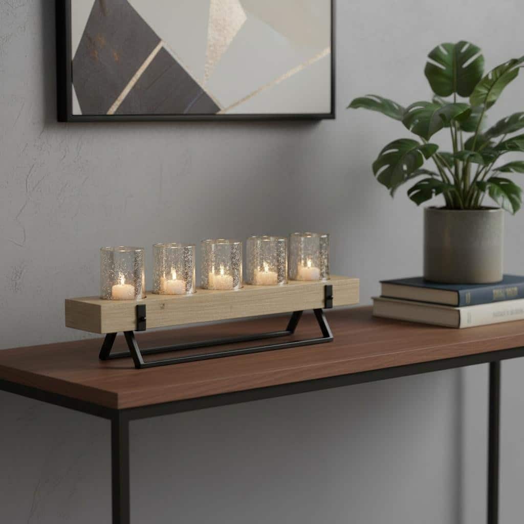 7" Black And Brown Distressed Mirrored Solid Wood Metal And Glass Tabletop Votive Candle Holder