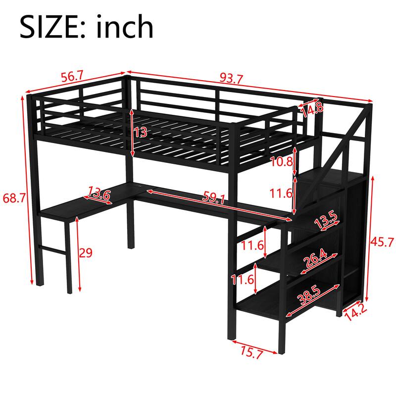 Full Size Metal Loft Bed with L-Shaped Desk, Wardrobe, USB & LED, High Loft Bed with Storage Staircase for Kids Teens Adults