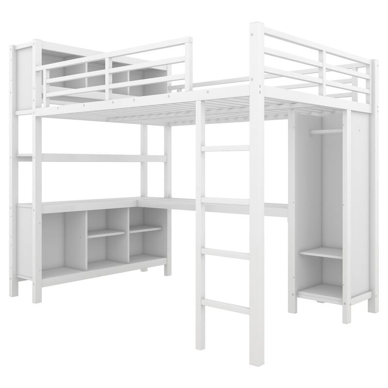 Full Size Metal Loft Bed with Wardrobe, L-Shaped Desk, Storage Cubes and Shelves