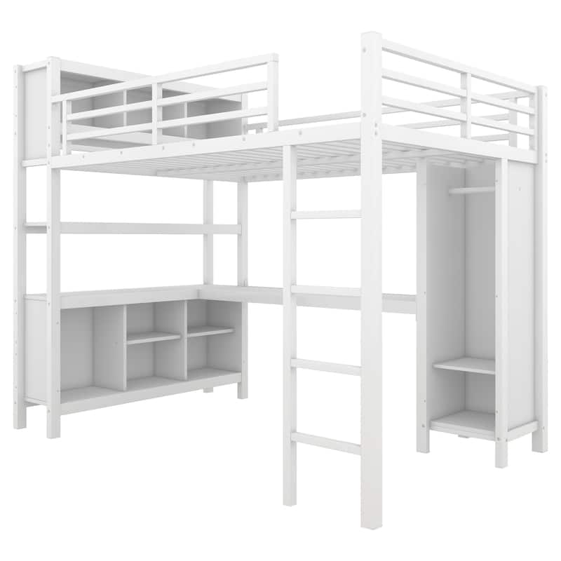 Heavy Duty Metal Loft Bed with Wardrobe and L Shaped Desk, Full/Queen Size High Loftbed Frame with Storage Cubes and Shelves